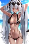  1girl absurdres armpits arms_behind_head arms_up bare_shoulders beach bikini black_bikini black_gloves blue_archive blue_sky blush breasts choker cleavage collarbone dark-skinned_female dark_skin demon_tail eyewear_on_head gloves grey_hair hair_over_one_eye hair_ribbon halo highres iori_(blue_archive) iori_(swimsuit)_(blue_archive) long_hair looking_at_viewer medium_breasts multi-strapped_bikini navel pointy_ears red_eyes ribbon sky solo sunglasses swimsuit tail thigh_strap thighs twintails very_long_hair yoshimoto_(carpsukidayo) 