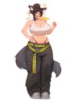  1girl abs absurdres animal_ears bra breasts brown_hair dog_ears dog_girl dog_tail haru_feng highres large_breasts muscular muscular_female navel original shoes sneakers tail thick_thighs thighs underwear white_background white_bra white_footwear yellow_eyes 