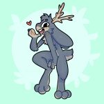  &lt;3 3_toes absurd_res anthro antlers cheek_tuft chest_tuft digitigrade ears_down facial_tuft feet freckles fur green_background grey_body grey_fur hi_res horn jackalope lagomorph male mammal open_mouth open_smile pivoted_ears simple_background smile solo tan_body tan_fur the_xing1 toes tuft wide_eyed 