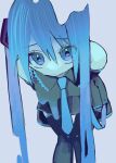  1girl arms_behind_back bare_shoulders black_thighhighs blending blue_eyes blue_hair blue_necktie closed_mouth collared_shirt commentary detached_sleeves eyes_visible_through_hair feet_out_of_frame grey_background grey_shirt hair_between_eyes hair_ornament hatsune_miku highres leaning_forward long_hair looking_at_viewer melting miniskirt necktie pleated_skirt shirt simple_background skirt sleeveless sleeveless_shirt solo standing symbol-only_commentary thighhighs twintails urokogaran very_long_hair vocaloid 
