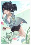  1girl black_hair black_shorts border commentary_request day eyelashes falling_petals gem green_eyes green_gemstone green_jacket hair_ornament hairclip highres holding holding_poke_ball jacket jewelry liko_(pokemon) medium_hair necklace open_clothes open_jacket open_mouth outdoors petals poke_ball poke_ball_(basic) pokemon pokemon_(anime) pokemon_(creature) pokemon_sv_(anime) shirt shorts smile socks sprigatito standing stratocumuli white_border white_shirt white_socks 