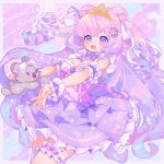  1girl animal_ears arm_garter bow bowtie breasts cleavage dress drill_locks frilled_thighhighs frills gradient_hair indie_virtual_youtuber iridescent koala_ears koala_hair_ornament komusun long_hair multicolored_hair open_mouth pink_hair purple_bow purple_bowtie purple_dress purple_eyes purple_hair smile smolkooala solo stuffed_animal stuffed_koala stuffed_toy thighhighs two_side_up very_long_hair virtual_youtuber white_bow wrist_cuffs 