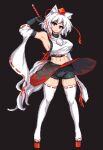 animal_ear_fluff animal_ears arm_up armpits bike_shorts black_background detached_sleeves geta hat holding holding_sword holding_weapon inubashiri_momiji looking_at_viewer midriff pixel_art pom_pom_(clothes) puck100ml red_eyes ribbon-trimmed_sleeves ribbon_trim short_hair simple_background skirt smile sword thighhighs thighs tokin_hat touhou weapon white_hair wolf_ears wolf_girl 