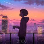  1boy absurdres black_pants brown_hair building city city_lights cityscape cloud commentary_request cup evening grey_hoodie hand_in_pocket highres holding holding_cup hood hoodie male_focus meteor meteor_shower original pants pasoputi railing sky skyline standing star_(sky) sunset 