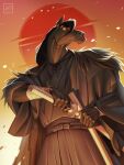  asian_clothing clothing east_asian_clothing equid equine hair hi_res holivi horse japanese_clothing katana kimono long_hair low-angle_view male mammal melee_weapon orange_theme solo sun sword weapon wristband yellow_eyes 