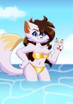  absurd_res anthro bikini breasts chest_fur cleavage clothed clothing domestic_cat felid feline felis female fluffy fluffy_tail fur gesture gold_bikini hair hi_res mammal mileena_smith_(travis_the_dragon) paws swimwear tail thick_thighs travis_the_dragon v_sign white_body white_fur 