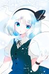  1girl aqua_eyes black_hairband collared_shirt commentary ghost green_vest hairband highres konpaku_youmu konpaku_youmu_(ghost) looking_at_viewer open_mouth rinrin_(rinrinillust) shirt short_hair solo touhou upper_body vest white_background white_hair white_shirt 