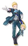  1boy black_footwear blonde_hair blue_eyes boots chibi finger_gun full_body gloves hat holding holding_clothes holding_hat idolmaster idolmaster_poplinks idolmaster_side-m ijuuin_hokuto long_sleeves male_focus official_alternate_costume official_art open_mouth pants smile solo transparent_background unworn_hat unworn_headwear white_gloves 
