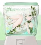  air_bubble bloomers box bubble child chinese_commentary cross-shaped_pupils detached_sleeves dress english_commentary genshin_impact green_eyes green_sleeves grey_hair hair_ornament highres ice ice_cube in_box in_container leaf_hair_ornament long_hair looking_at_viewer lying nahida_(genshin_impact) on_back open_mouth pointy_ears ponytail pt-cr sidelocks sleeveless sleeveless_dress solo stirrup_footwear symbol-shaped_pupils toeless_footwear underwater underwear white_dress white_footwear 