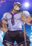  absurd_res anthro blue_sky broom brown_body brown_fur canid canine canis cleaning_tool cloud crystal domestic_dog estper fur hi_res jewelry lens_flare lifewonders live_a_hero low-angle_view male mammal muscular muscular_anthro muscular_male necklace pecs pubraseer sailor_uniform sky solo 