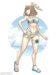  1girl blue_eyes breast_tattoo breasts brown_hair commentary eunie_(xenoblade) full_body gofelem grin head_wings long_bangs medium_breasts navel official_alternate_costume sandals smile standing swimsuit tattoo thigh_strap white_wings wings xenoblade_chronicles_(series) xenoblade_chronicles_3 