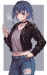  1girl absurdres black_choker blue_eyes blue_hair choker cigarette commentary contemporary denim ear_piercing grey_background grey_shirt hand_on_own_hip highres hitozche holding holding_cigarette hololive hololive_english jacket jeans leather leather_jacket navel o-ring o-ring_choker ouro_kronii outside_border pants piercing shirt smoke smoke_trail smoking solo standing torn_clothes torn_pants virtual_youtuber 