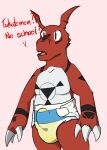  anthro bandai_namco bodily_fluids claws clothed clothing diaper digimon digimon_(species) digital_media_(artwork) english_text erection erection_in_diaper genital_fluids guilmon male open_mouth ryedidy simple_background solo teeth tenting text urine wearing_diaper wet_diaper wetting 