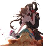  1boy 1girl agnea_(octopath_traveler) armor black_hair bouquet brown_hair closed_eyes hetero hikari_(octopath_traveler) japanese_armor katana kiss lightsilverstar octopath_traveler octopath_traveler_ii ponytail sword tagme weapon white_background 