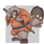  2023 anthro asian_clothing bandage belly brown_body canid canine clothing dragon_quest dragon_quest_monsters dragon_quest_monsters:_the_dark_prince east_asian_clothing footwear hi_res humanoid_hands japanese_clothing kemono male mammal overweight overweight_male raccoon_dog ronin_raccoon sandals simple_background solo square_enix tanuki usikuma6 weapon 