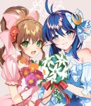 2girls blue_eyes blue_hair blush bouquet closed_mouth crescent crescent_hair_ornament dress flower gloves hair_flower hair_ornament highres long_hair looking_at_viewer multiple_girls open_mouth pointy_ears precis_neumann protected_link rena_lanford short_hair smile star_ocean star_ocean_anamnesis star_ocean_the_second_story ycco_(estrella) 