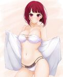  1girl arima_kana ass_visible_through_thighs bare_shoulders bikini blush breasts collarbone contrapposto grin hands_up hinata_masaki holding holding_towel looking_at_viewer medium_breasts navel o-ring o-ring_bikini o-ring_top open_towel oshi_no_ko red_eyes red_hair short_hair smile solo strapless strapless_bikini swimsuit towel white_bikini 