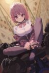  1girl blurry blurry_background blush bow bowtie breasts chair closed_mouth collared_shirt crossed_legs depth_of_field dutch_angle eyelashes feet full_body gridman_universe highres impossible_clothes impossible_shirt indoors jacket knee_up large_breasts legs looking_at_viewer m.q_(mqkyrie) medium_hair nail_polish no_shoes off_shoulder office_chair pantyhose partially_unzipped pink_bow pink_bowtie pink_hair pink_nails purple_eyes purple_jacket purple_pantyhose school_uniform shinjou_akane shirt sidelocks sitting smile solo spread_toes ssss.gridman swivel_chair toe_scrunch toes trash_bag white_shirt 