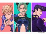  1girl 2boys blonde_hair braid breasts character_name commentary_request diamond_wa_kudakenai double_bun gakuran giorno_giovanna green_hair green_lips green_nails hair_bun higashikata_josuke jacket jojo_no_kimyou_na_bouken kujo_jolyne long_hair long_sleeves looking_at_viewer mizudama multicolored_hair multiple_boys nail_polish open_mouth pompadour school_uniform smile stone_ocean two-tone_hair vento_aureo 