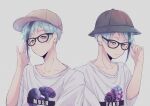  2boys black_hair black_headwear blue_hair brown_eyes brown_headwear floyd_leech glasses hat heterochromia highres jade_leech jijii_(chang_g) male_focus multicolored_hair multiple_boys mushroom octopus shirt short_hair siblings t-shirt twins twisted_wonderland white_shirt yellow_eyes 