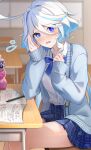  1girl absurdres ahoge blue_bow blue_bowtie blue_cardigan blue_hair blue_skin blurry blurry_background blush book bow bowtie cardigan classroom collared_shirt colored_skin commentary_request contemporary desk drop-shaped_pupils flying_sweatdrops furina_(genshin_impact) genshin_impact hair_between_eyes hair_intakes highres indoors light_blue_hair long_bangs long_hair long_sleeves looking_at_viewer mismatched_pupils multicolored_hair nervous_sweating on_chair open_cardigan open_clothes open_mouth plaid plaid_skirt puffy_long_sleeves puffy_sleeves school_desk school_uniform shirt shirt_tucked_in sitting skirt sleeves_past_wrists solo sumomooekaki sweat swept_bangs thighs very_long_hair wavy_hair wavy_mouth whispering white_hair white_shirt 