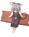  1girl animal_ears bench blush closed_mouth commentary_request crystal dress flat_chest from_above full_body greenpiecerice grey_dress grey_hair grey_skirt hair_between_eyes highres jewelry long_sleeves medium_bangs mouse mouse_ears mouse_girl mouse_tail nazrin no_shoes pendant red_eyes shirt short_hair simple_background sitting skirt skirt_set smile socks solo tail touhou v-shaped_eyebrows white_background white_shirt white_socks 