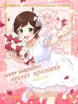  1girl 2023 absurdres ahoge blush bouquet bow bracelet brown_hair buttons character_name collarbone dress earrings falling_petals flower framed green_eyes hair_ornament hair_ribbon happy_birthday highres holding holding_bouquet idolmaster idolmaster_million_live! idolmaster_million_live!_theater_days jewelry kinoshita_hinata looking_at_viewer manicure nail_polish open_mouth ornate_border pendant petals red_flower red_petals ribbon see-through see-through_sleeves shiro_(ongrokm) short_hair short_sleeves sidelocks smile solo white_dress white_footwear white_petals 