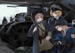  2boys 3girls absurdres belt belt_buckle blonde_hair blue_eyes blue_sailor_collar brown_hair buckle chinese_commentary coat combat_helmet cross epaulettes goggles green_eyes gun hammer_and_sickle handgun helmet highres holster iron_cross jacket leaked_cap luger_p08 military_coat military_vehicle motor_vehicle mp-40 multiple_boys multiple_girls original panzerkampfwagen_ii panzerkampfwagen_iv red_star sabre sailor sailor_collar serious shirt smile soviet_army stahlhelm striped striped_shirt tank tank_helmet teeth telnyashka tongue tongue_out tuziki_sang weapon wehrmacht wrench 