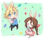  1boy 1girl aerith_gainsborough alternate_costume animal_ears apron aqua_eyes black_footwear black_pants blonde_hair blue_vest blush bow bowtie braid braided_ponytail brown_hair chibi closed_eyes cloud_strife dress easter easter_egg egg final_fantasy final_fantasy_vii full_body hair_between_eyes hair_ribbon holding holding_egg krudears open_mouth pants parted_bangs pink_dress pink_footwear pink_ribbon puffy_short_sleeves puffy_sleeves rabbit_boy rabbit_ears rabbit_girl rabbit_tail red_bow red_bowtie ribbon shirt short_hair short_sleeves single_braid spiked_hair tail tailcoat vest waistcoat white_apron white_shirt wrist_cuffs 