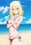  1girl beach bikini blonde_hair blue_eyes breast_press breasts girls_und_panzer hand_on_own_chest inoshira large_breasts midriff navel ocean oshida_(girls_und_panzer) red_bikini side-tie_bikini_bottom swimsuit 