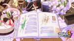  book bouquet box cake cup drink drinking_glass flower food fruit gears gift gift_box highres honkai_(series) honkai_impact_3rd jewelry logo necklace official_art open_book petals strawberry stuffed_toy table whitecoffin wine_glass 