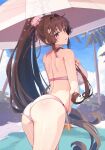  1girl artist_name ass bare_arms bare_legs bare_shoulders bikini blush breasts brown_eyes brown_hair cloud cowboy_shot dated flower from_behind hair_flower hair_ornament high_ponytail highres himeyamato kantai_collection large_breasts long_hair looking_back open_mouth outdoors pink_bikini pink_flower ponytail revision signature solo swimsuit umbrella very_long_hair yamato_(kancolle) yamato_kai_ni_(kancolle) 