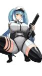  1girl assault_rifle black_footwear blue_hair boots breasts closed_mouth commentary dorp drill_hair frown full_body goddess_of_victory:_nikke gun hair_between_eyes hat high_heel_boots high_heels highres holding holding_gun holding_weapon large_breasts long_hair long_sleeves looking_at_viewer military military_hat military_uniform peaked_cap privaty_(nikke) rifle shorts sidelocks simple_background skindentation solo squatting taut_clothes thigh_boots thigh_strap thighhighs twintails uniform very_long_hair weapon white_background white_headwear white_shorts white_uniform yellow_eyes 