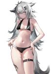  1girl absurdres animal_ears arknights bikini black_bikini black_nails blue_eyes breasts grey_hair hair_between_eyes hair_ornament hairclip hand_on_own_hip highres lappland_(arknights) long_hair looking_at_viewer navel oripathy_lesion_(arknights) rui_(woyoudabing_rui) scar scar_across_eye simple_background skindentation small_breasts solo stomach swimsuit tail thigh_gap thigh_strap thighs very_long_hair white_background wolf_ears wolf_girl wolf_tail 