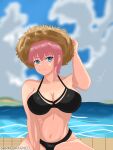  absurdres arm_at_side arm_up bare_shoulders beach bikini blue_eyes blush breasts cleavage collarbone curvy day go-toubun_no_hanayome hair_between_eyes hat highres large_breasts looking_at_viewer nakano_ichika navel non-web_source ocean outdoors pink_hair sarmdragneel self-upload short_hair sitting solo stomach straw_hat swimsuit 
