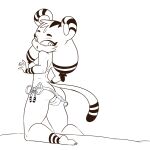  1:1 anthro bikini breasts butt clothes_falling_off clothing dou_(diives) felid female hi_res kneeling looking_back mammal monochrome pantherine scratchdex simple_background solo string_bikini stripes swimwear tiger white_background xingzuo_temple 