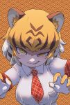  1girl animal_ears blonde_hair brown_background elbow_gloves extra_ears fang gloves highres kemono_friends looking_at_viewer multicolored_hair necktie onaji_(sokudo_seigen) shirt short_hair simple_background solo tiger_(kemono_friends) tiger_ears tiger_girl upper_body white_hair yellow_eyes 