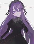  1girl :o anzen_robo_(474zz) black_dress black_gloves breasts cowboy_shot doki_doki_literature_club dress frilled_bonnet frills gloves grey_background hair_ornament hairclip hand_on_own_chest large_breasts long_hair long_sleeves looking_at_viewer purple_eyes purple_hair twitter_username yuri_(doki_doki_literature_club) 