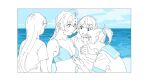  4girls akashi_(kancolle) aoba_(kancolle) beach bikini blue_sky breasts cloud day highres horizon kantai_collection kinugasa_(kancolle) kinugasa_kai_ni_(kancolle) lineart long_hair makigumo_(kancolle) medium_breasts monochrome multiple_girls ocean ojipon ooyodo_(kancolle) outdoors ponytail sailor_collar sailor_shirt school_uniform serafuku shirt short_hair sky swimsuit upper_body 