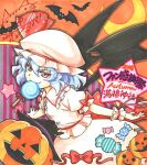  1girl bat_wings blue_hair candy food frilled_sleeves frills halloween hat lollipop looking_at_viewer lunamoon mob_cap puffy_short_sleeves puffy_sleeves red_eyes remilia_scarlet short_sleeves solo touhou wings 