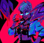  1girl blood breasts cone_hair_bun demon demon_girl glasses hair_bun highres koolaid2 league_of_legends looking_at_viewer medium_breasts microsoft_paint_(medium) neon_palette red_background revealing_clothes solo the_baddest_evelynn upper_body 