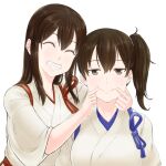  2girls ^_^ akagi_(kancolle) breasts brown_eyes brown_hair closed_eyes forced_smile grin hair_between_eyes japanese_clothes kaga_(kancolle) kantai_collection long_hair looking_at_viewer medium_breasts multiple_girls side_ponytail simple_background smile sukeroku_(treeee) sweat tasuki upper_body white_background 