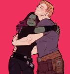  1boy 1girl beard belt blush closed_eyes closed_mouth colored_skin dishing facial_hair gamora green_skin guardians_of_the_galaxy hug marvel marvel_cinematic_universe peter_quill red_background red_hair simple_background 