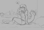  anthro ather_os bed clothing detailed_background dinosaur female furniture goodbye_volcano_high hair monochrome ornithischian plantigrade reptile scalie snoot_game solo stegosaurian stegosaurus stella_(snoot_game) tail thyreophoran tired 