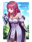  1girl :d bare_shoulders black_gloves blue_eyes blue_sky breasts celica_(fire_emblem) cloud commentary_request cowboy_shot day dress fingerless_gloves fire_emblem fire_emblem_echoes:_shadows_of_valentia gloves hairband highres long_hair medium_breasts miran_(olivine_20) off-shoulder_dress off_shoulder open_mouth red_hair short_sleeves sky smile solo standing white_dress white_hairband 