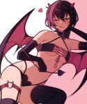  1girl absurdres black_bra black_gloves black_hair black_thighhighs bra breasts demon_girl demon_horns demon_tail demon_wings elbow_gloves ensemble_stars! genderswap genderswap_(mtf) gloves heart highres horns looking_at_viewer lummy_yummy multicolored_background one_eye_closed pink_background red_eyes sakuma_ritsu short_hair small_breasts solo tail thighhighs tongue tongue_out underwear white_background wings 