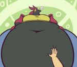  ambiguous_gender antennae_(anatomy) anthro arthropod belly belly_grab big_belly big_breasts black_body bodily_fluids breasts clothed clothing duo female female/ambiguous first_person_view generation_5_pokemon hi_res huge_belly human lexodynaro mammal myriapod navel nintendo obese obese_anthro obese_female overweight overweight_anthro overweight_female pokemon pokemon_(species) purple_body scolipede solo_focus sweat sweatdrop yellow_sclera 