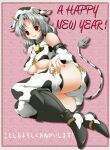  1girl animal_ears animal_print ashita_yaru bare_shoulders bell black_footwear boots breasts bridal_gauntlets chinese_zodiac covered_nipples cow_ears cow_girl cow_horns cow_print cow_tail cowbell grey_hair hair_intakes happy_new_year hat horns knee_boots large_breasts long_hair open_mouth original print_bridal_gauntlets print_headwear print_thighhighs red_eyes red_pupils smile solo tail tail_raised thighhighs thighs two-tone_footwear underboob white_footwear year_of_the_ox 