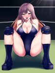  1girl :p absurdres black_leotard blush boots breasts brown_hair commission gradient_hair highres hijiri_byakuren knee_pads large_breasts leotard long_hair mattyakinako_(odango_imomushi) multicolored_hair open_mouth pixiv_commission purple_hair sitting smile solo tongue tongue_out touhou touhou_tag_dream wrestling_ring yellow_eyes 