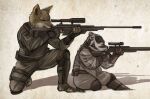  badger canid canine canis coyote duo female hi_res male male/female mammal mustelid musteline sniper soldier warrior 